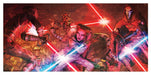 Comic-style illustration of multiple characters from Star Wars: Maul - Shadow Lord in combat with glowing lightsabers, including red and blue blade beams crossing the frame against a dark fiery background.
