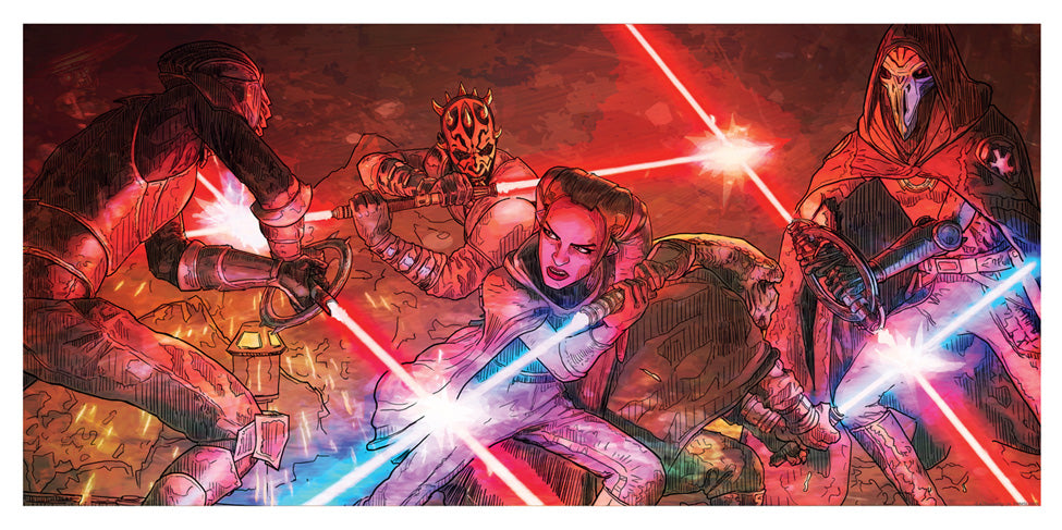 Comic-style illustration of multiple characters from Star Wars: Maul - Shadow Lord in combat with glowing lightsabers, including red and blue blade beams crossing the frame against a dark fiery background.