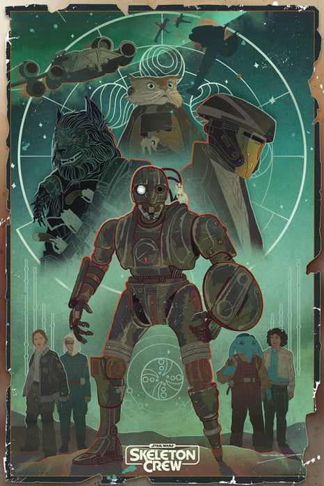 A stylized sci-fi poster featuring the SKELETON CREW logo at the bottom, with multiple characters and vehicles rendered in a teal-green space-themed illustration. The central figure is SM-33 with Kim, Pirate Captain and Jod Na Nawood, surrounded by other crew members and spacecraft against a circular target graphic.